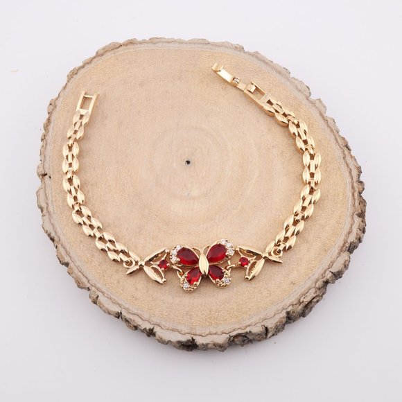 Enchanting Elegance 14k Gold Plated Red Cubic Zirconia Butterfly Linked Bracelet - Picture 9 of 10